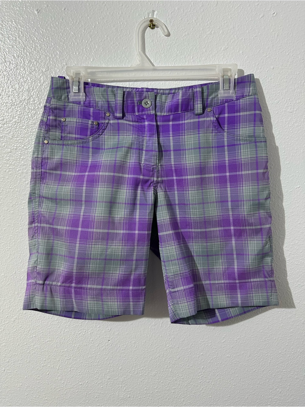 Ladies Nike Golf Tour Performance Dri-Fit Size 2 Plaid Shorts Purple Athletic